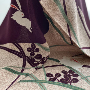 68 Rayon Chirimen Koyomi | Rabbits In Lawns Purple Furoshiki