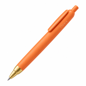 An orange retractable pen with a gold metal tip and clip, featuring the brand name 'Fleura' printed in white on the cap, set against a plain white background.