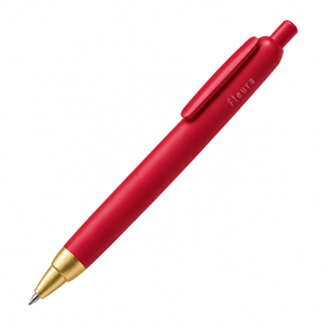 A red retractable ballpoint pen with a gold metal tip and clip, featuring the brand name 'Fleura printed in white on the barrel, set against a plain white background.
