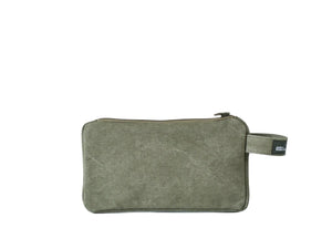 An olive green canvas zippered pouch with a matching wrist strap and a small black brand tag, photographed on a clean white background.