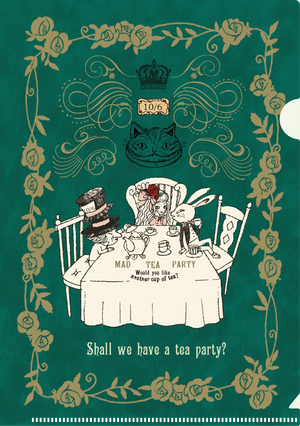 Illustration of a Mad Tea Party scene with characters and text on a green background.