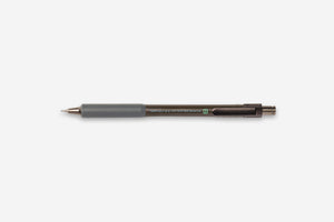 A dark brown retractable ballpoint pen with a matte gray grip, shown horizontally against a plain light gray background.