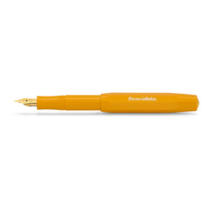 A vibrant orange-yellow fountain pen with a gold nib, shown horizontally against a clean white background. The barrel features the 'Pioneer Collection' logo printed in white.