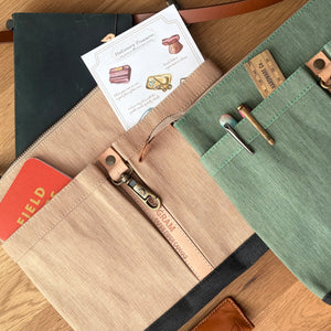 A close-up flat lay of a canvas wallet organizer on a wooden surface, showing a beige front pocket with a leather zipper pull reading 'Cream Color Connoisseur,' a green side pocket with metal tools, and card slots holding a card and small items.