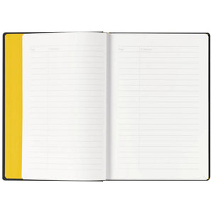 An open lined notebook with white pages, a black cover edge, and a bright yellow left margin or pocket, shown flat against a white background.