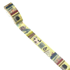 A roll of decorative washi tape featuring a vintage Harry Potter theme with illustrations of characters, books, and magical items on a pale yellow background.