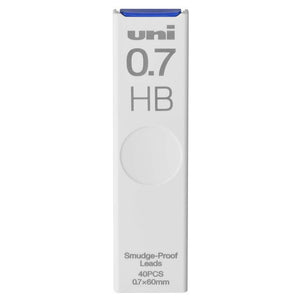 Box of uni brand 0.7 HB pencil leads on a white background