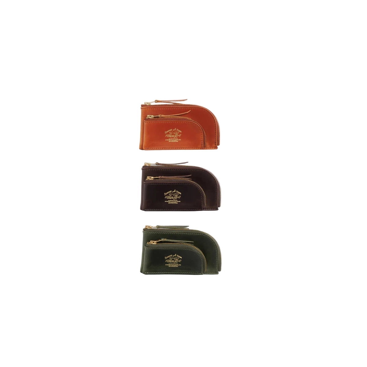 Three small leather zip card cases in rust orange, dark brown, and olive green, arranged vertically on a clean white background. Each case features a gold-tone logo embossed on the front.