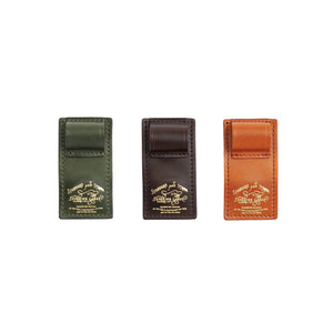 Three leather money clip keychains in olive green, dark brown, and tan, each with gold foil branding, arranged horizontally on a white background.