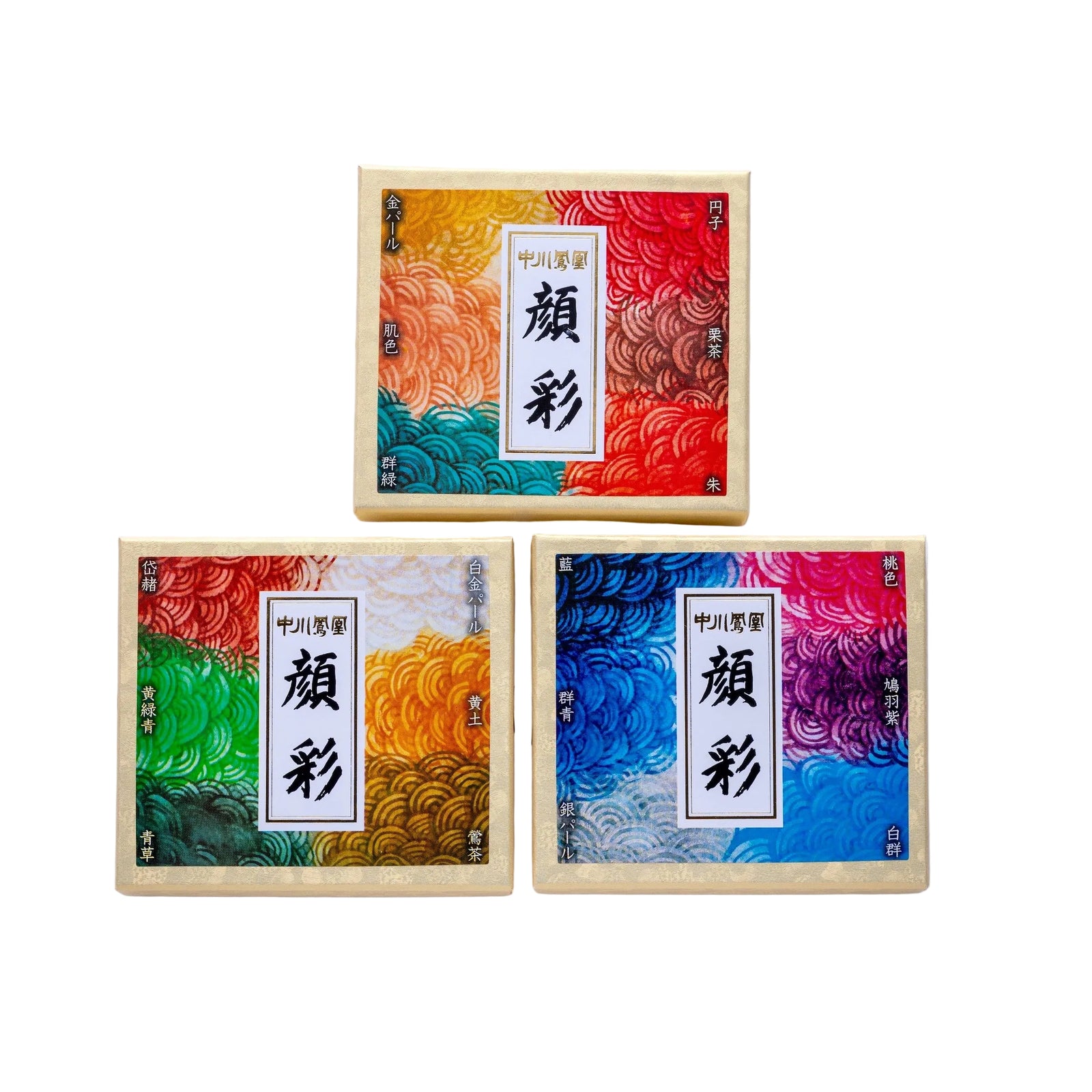 Three wooden boxes with colorful designs and text on a white background