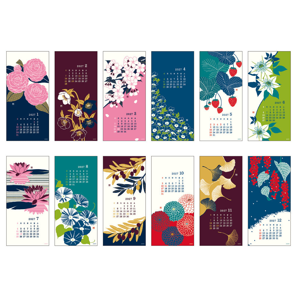 A set of twelve vertical calendar pages or bookmarks featuring different floral and botanical illustrations, arranged in two rows on a plain white background. Each page includes a small monthly calendar grid and decorative artwork such as pink flowers, strawberries, lilies, water lilies, ginkgo leaves, and red berries.