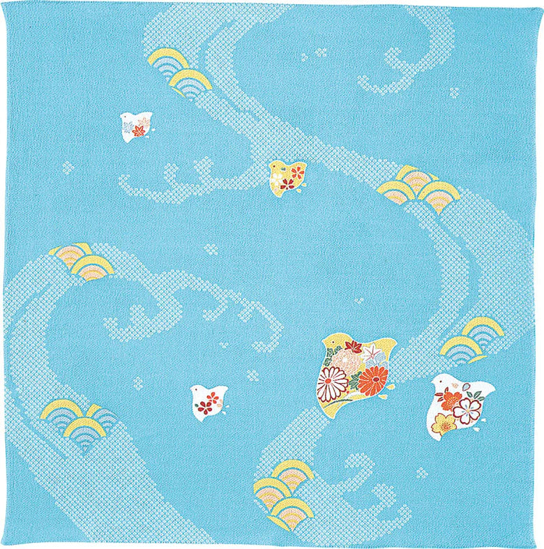 68 Rayon Chirimen Koyomi | Plovers With Wave Blue or Pink Furoshiki