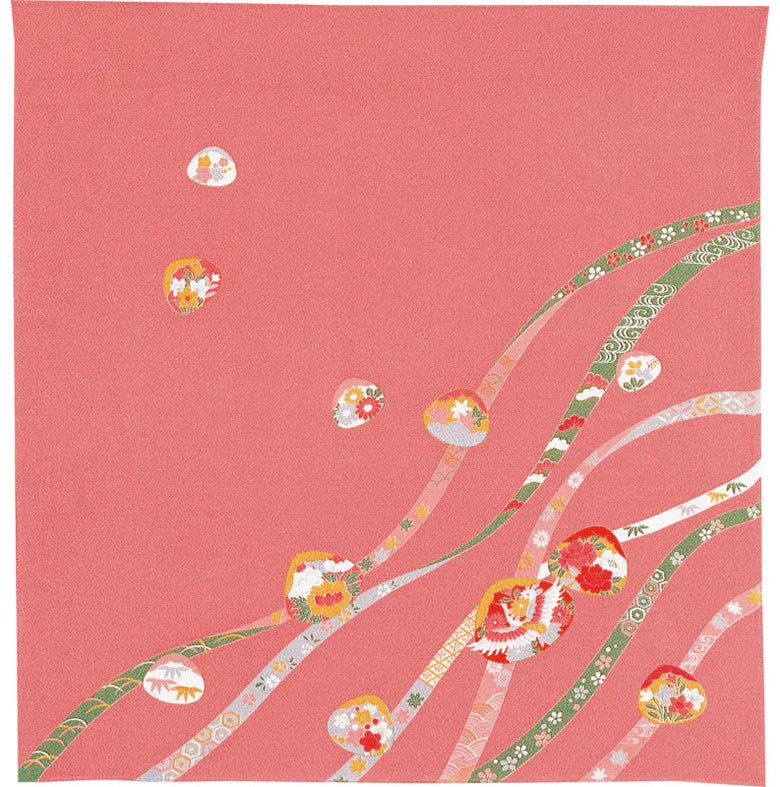 68 Rayon Chirimen Koyomi | Plovers With Wave Blue or Pink Furoshiki