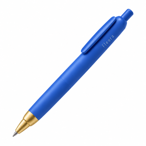A blue retractable pen with a gold metal tip and a white 'Fleura' brand logo printed on the side, shown against a plain white background.