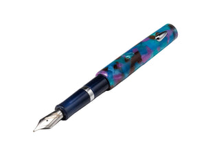 A fountain pen with a dark navy blue barrel and a marbled handle featuring turquoise, purple, and blue patterns, shown on a light gray background.