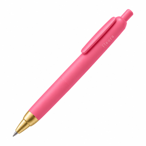 A pink retractable pen with a gold metal tip and clip, featuring the brand name 'Fleura' printed on the side, set against a plain white background.