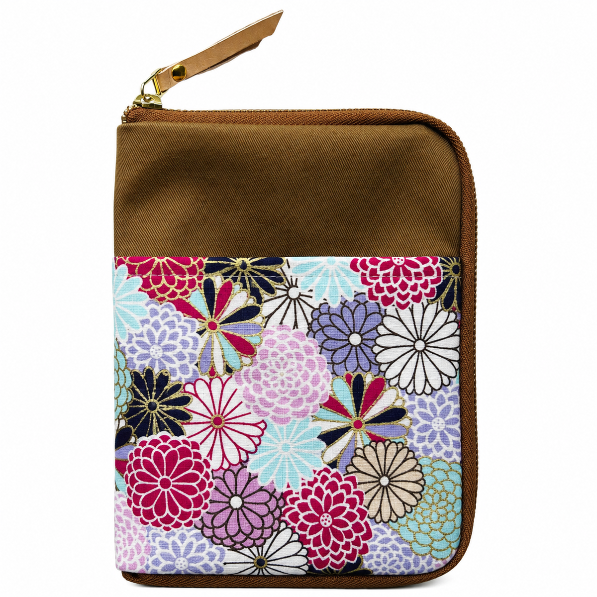 A zippered pouch with a brown top section and a colorful floral patterned lower section, featuring a gold-tone zipper and a brown pull tab, shown on a plain white background.