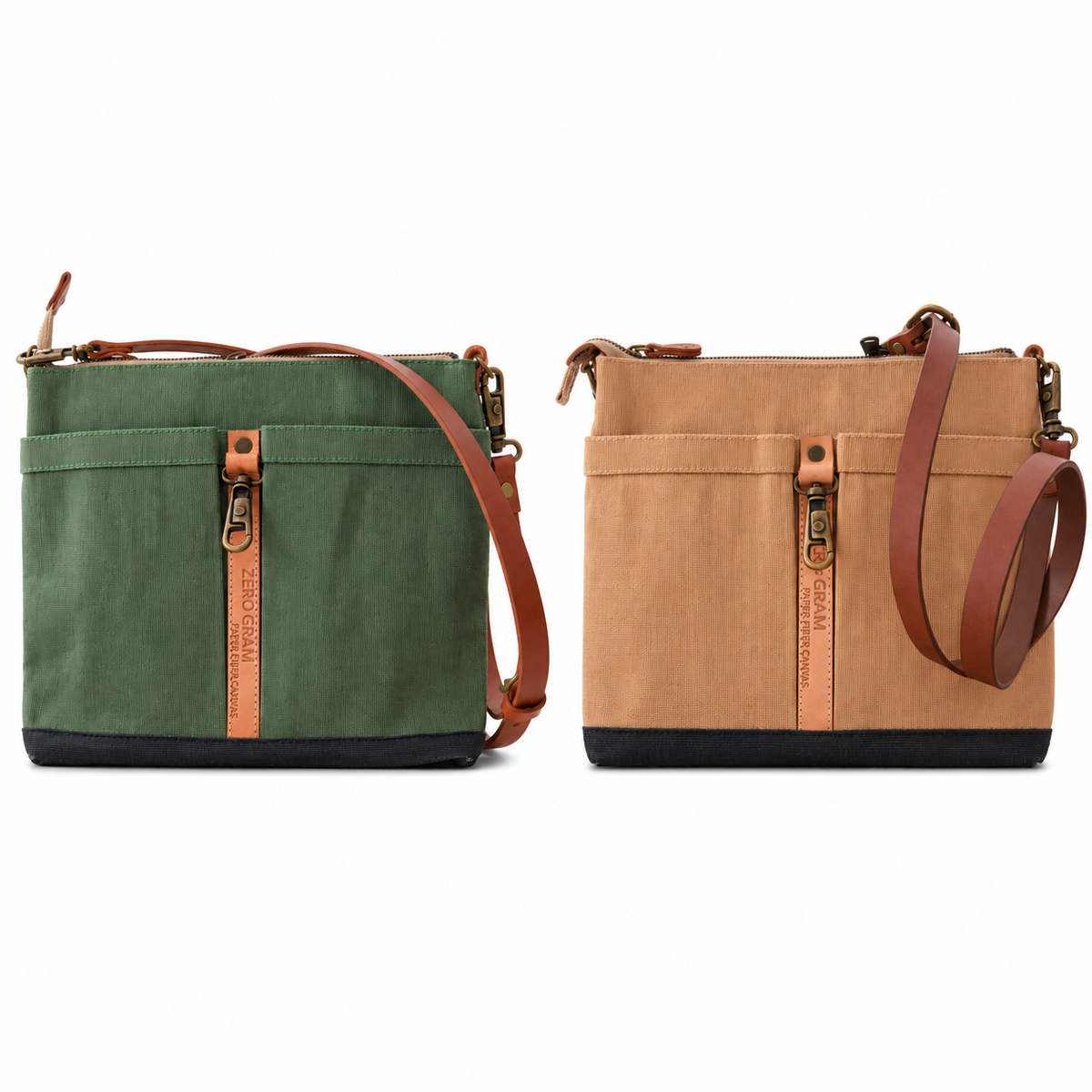 Two canvas crossbody bags shown side by side on a white background. The left bag is sage green with a brown leather strap and trim, and the right bag is tan with a brown leather strap and trim.