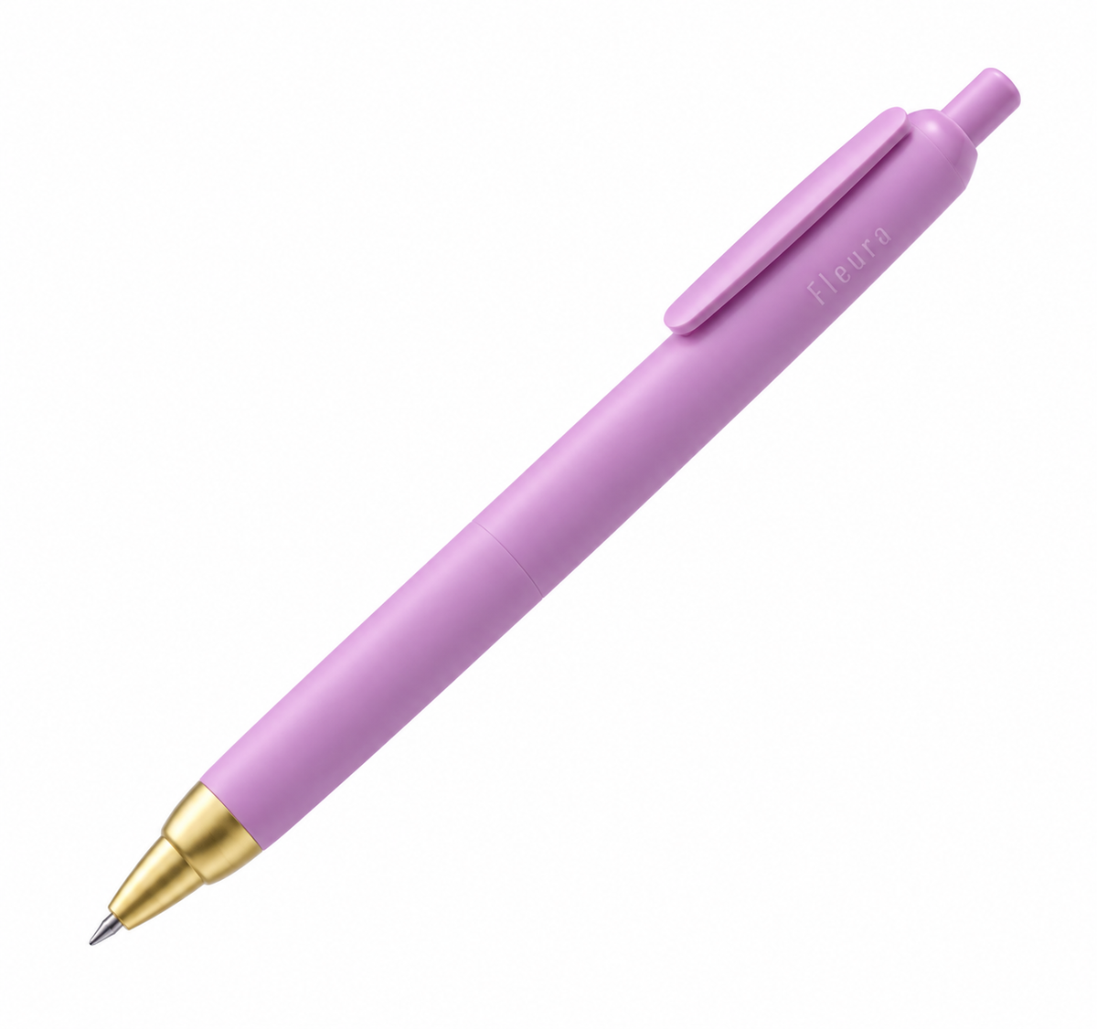 A lavender purple retractable pen with a gold metal tip and gold accents, featuring the brand name 'fleura' printed subtly on the cap, set against a plain white background.