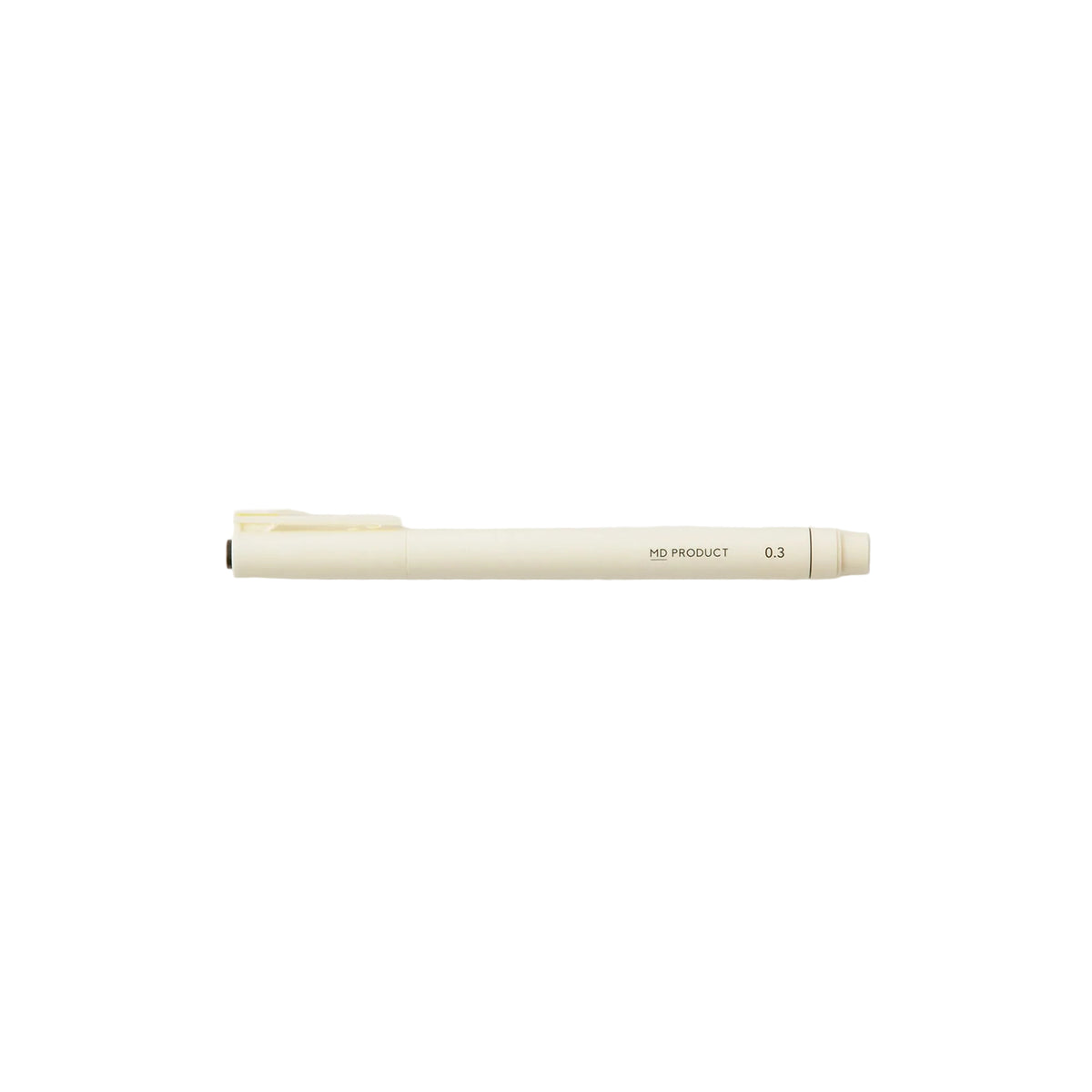 A single cream-colored pen with a minimalist design, featuring a black tip and subtle black text reading 'MS PRODUCT 0.3' on its barrel, set against a clean white background.