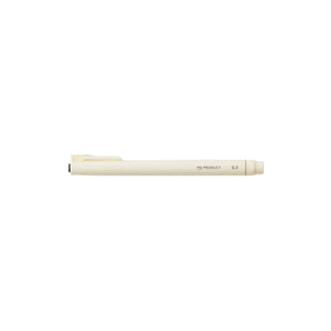 A single cream-colored pen with a minimalist design, featuring a black tip and subtle black text reading 'MS PRODUCT 0.3' on its barrel, set against a clean white background.