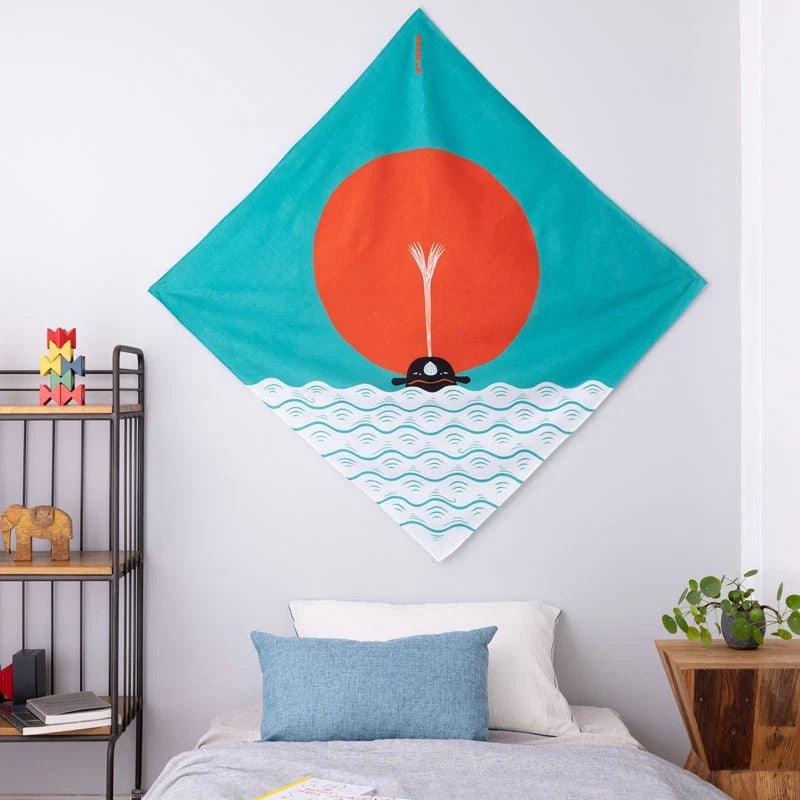 MUSUBI × COCHAE – Furoshiki 100 cm – Whale in the Morning Sun Blue
