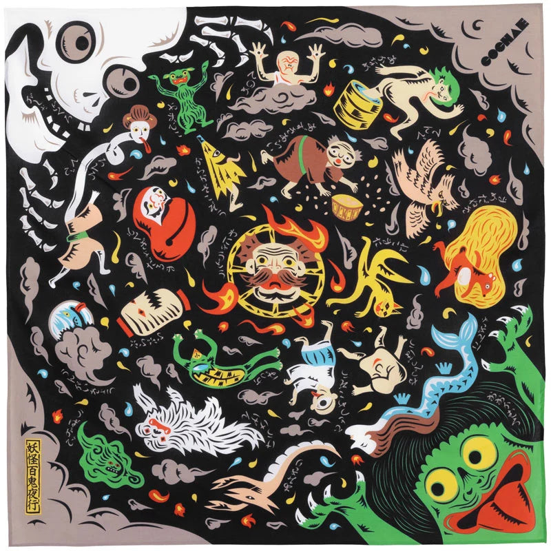 MUSUBI × COCHAE – Furoshiki 70 cm – Japanese Folktales - Yokai: The Monsters’ Night Parade Black
