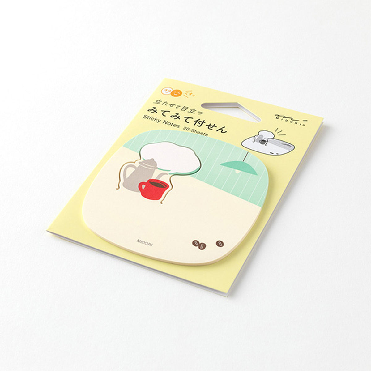A package of cute-themed sticky notes featuring a cartoon cat and coffee cup illustration on a pale yellow backing card, photographed on a clean white background.