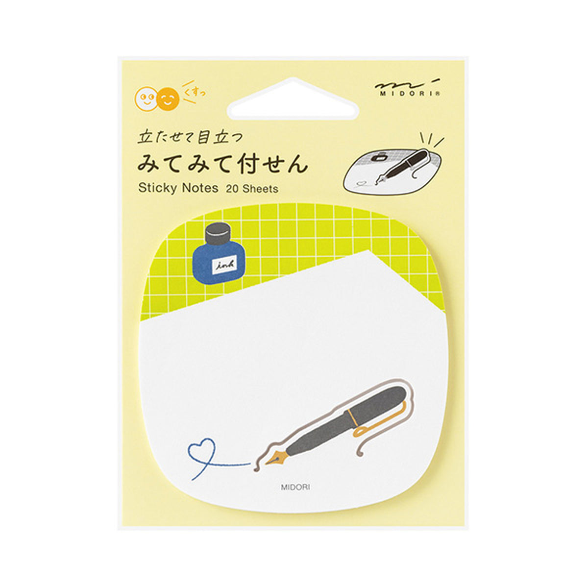 MIDORI brand sticky notes in a blister pack, featuring a white notepad with cute illustrations of a fountain pen and an ink bottle on a pale yellow backing card.