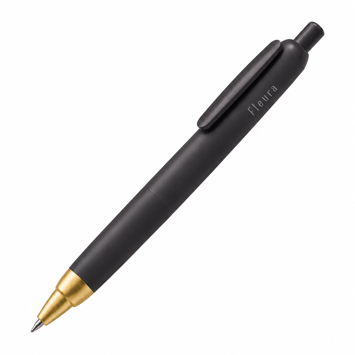 A matte black retractable pen with a gold metal tip and a white 'Fleura' brand logo printed on the side, shown against a plain white background.