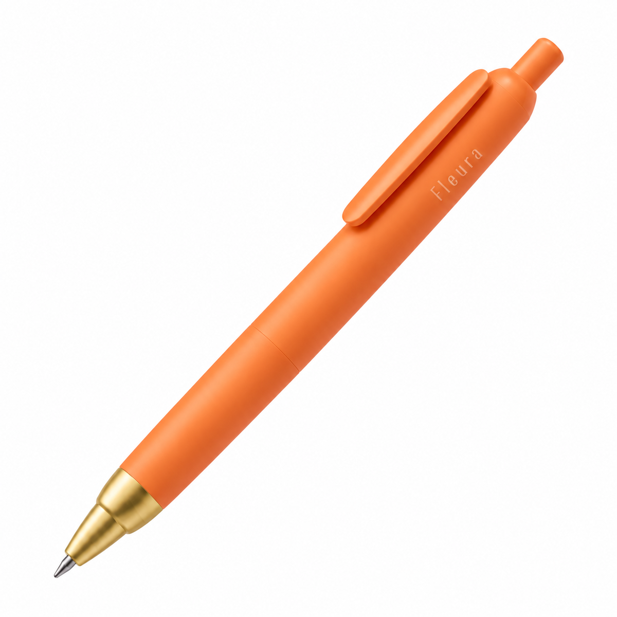 An orange retractable pen with a gold metal tip and clip, featuring the brand name 'Fleura' printed in white on the cap, set against a plain white background.