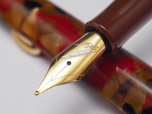 Close-up of a fountain pen nib and upper barrel showing a polished gold nib with engraved script, a dark brown plastic collar, and a translucent marbled body with red, brown, and black patterns.