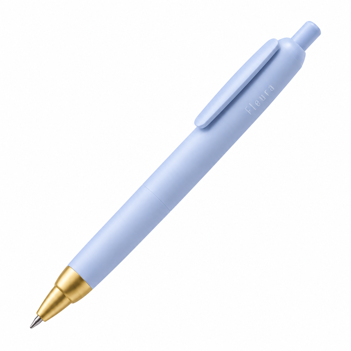 A light blue retractable pen with a gold metal tip and a subtle white 'Fleura brand logo on the clip, shown diagonally on a solid white background.