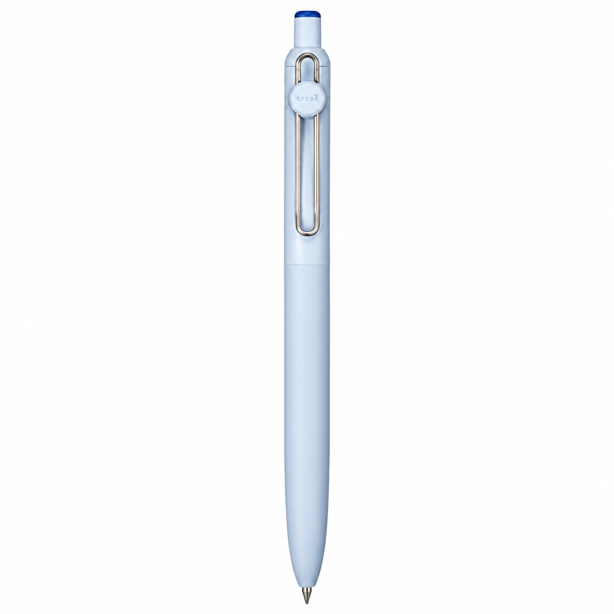 A light blue retractable pen with a silver metal clip and a blue tip, shown vertically against a plain white background.