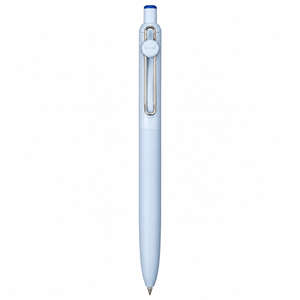 A light blue retractable pen with a silver metal clip and a blue tip, shown vertically against a plain white background.