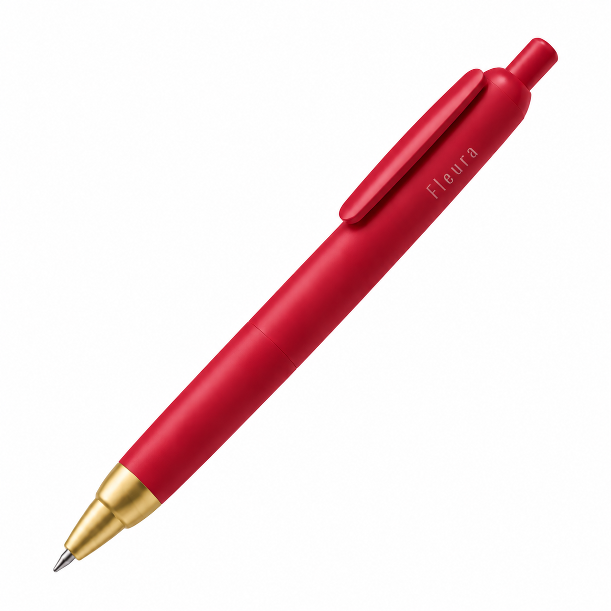 A red retractable ballpoint pen with a gold metal tip and clip, featuring the brand name 'Fleura printed in white on the barrel, set against a plain white background.