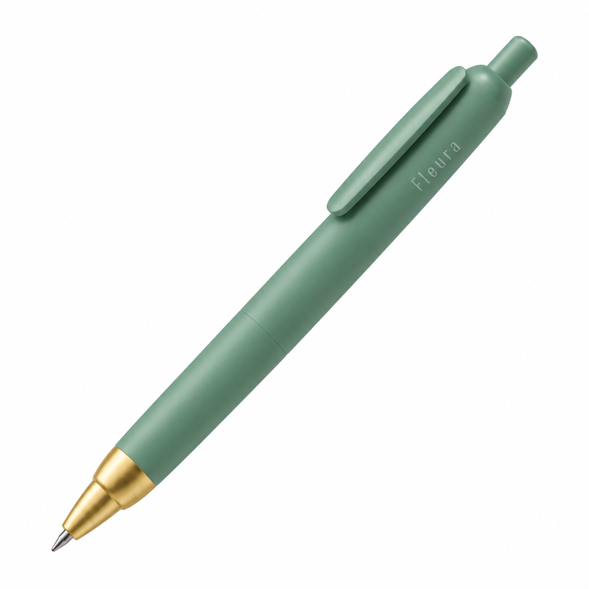 A mint green retractable ballpoint pen with gold accents on the tip and clip, featuring the brand name 'Fleura printed in white on the side, set against a plain white background.