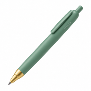 A mint green retractable ballpoint pen with gold accents on the tip and clip, featuring the brand name 'Fleura printed in white on the side, set against a plain white background.