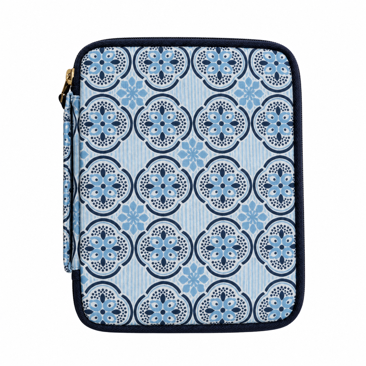 A zippered tablet sleeve featuring a blue and navy geometric tile pattern on a light blue background, with a gold zipper pull.