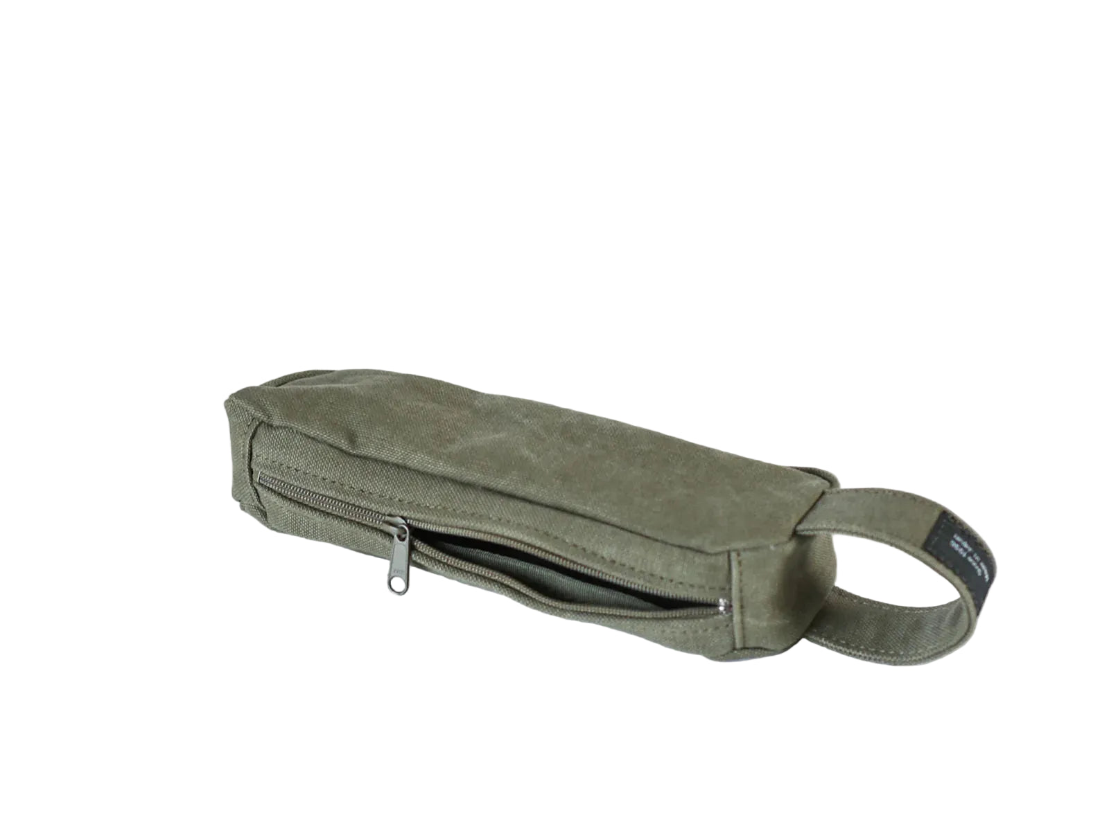 An olive green canvas pouch with a zippered top and a loop handle, nomado store.