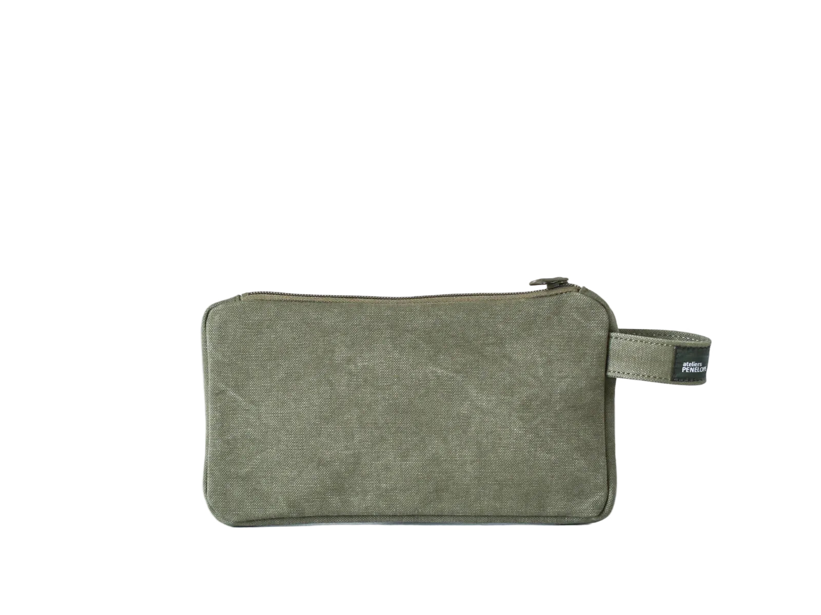 An olive green canvas zippered pouch with a matching wrist strap and a small black brand tag, photographed on a clean white background.