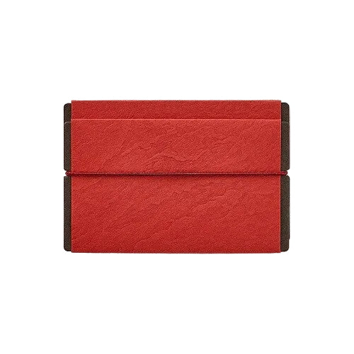 A red textured envelope-style clutch or sleeve with dark brown side panels, shown flat against a white background.