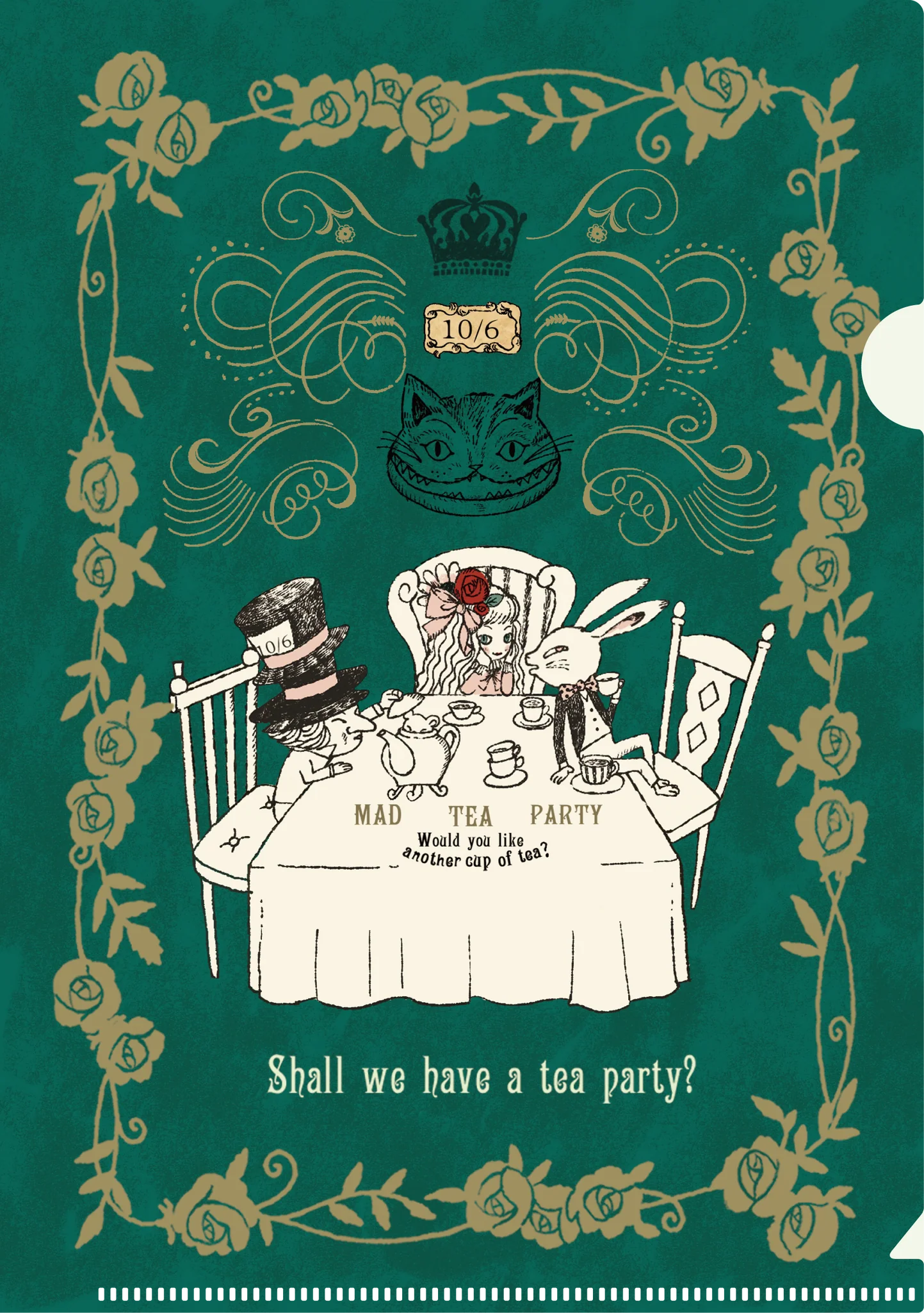 Illustration of a Mad Tea Party scene with characters and text on a green background.