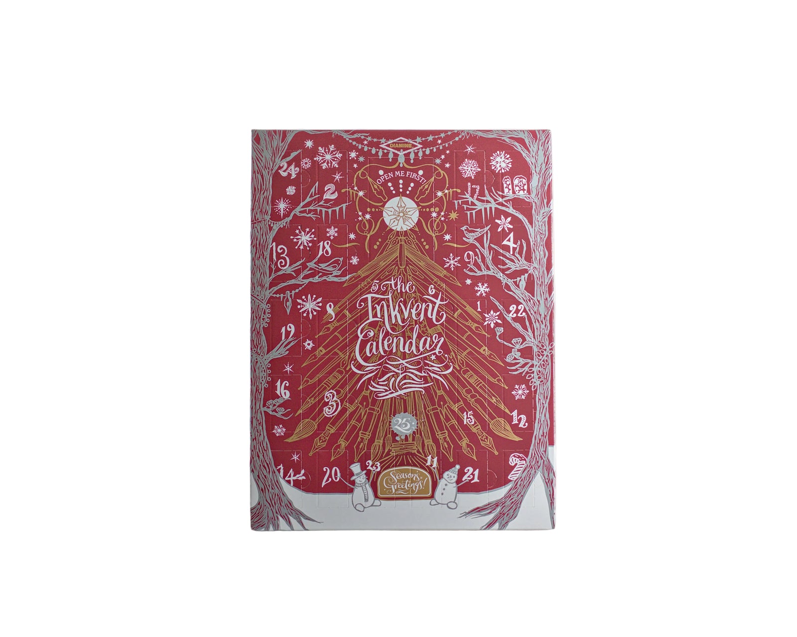 The Twelfth Calendar advent box by Diamine featuring a festive red cover decorated with silver-white snowflakes, trees, and gold-toned illustrations of a Christmas tree and gifts.