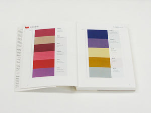Color swatch book open to pages with color samples on a white background