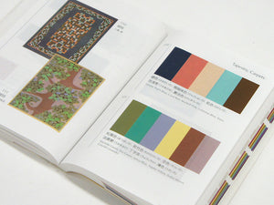 Open book showing fabric swatches and color charts on a white background