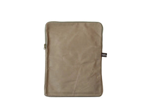 A rectangular taupe-brown fabric pouch or sleeve with rounded corners, a zipper closure, and a small black brand tag on the right side, photographed against a plain white background.