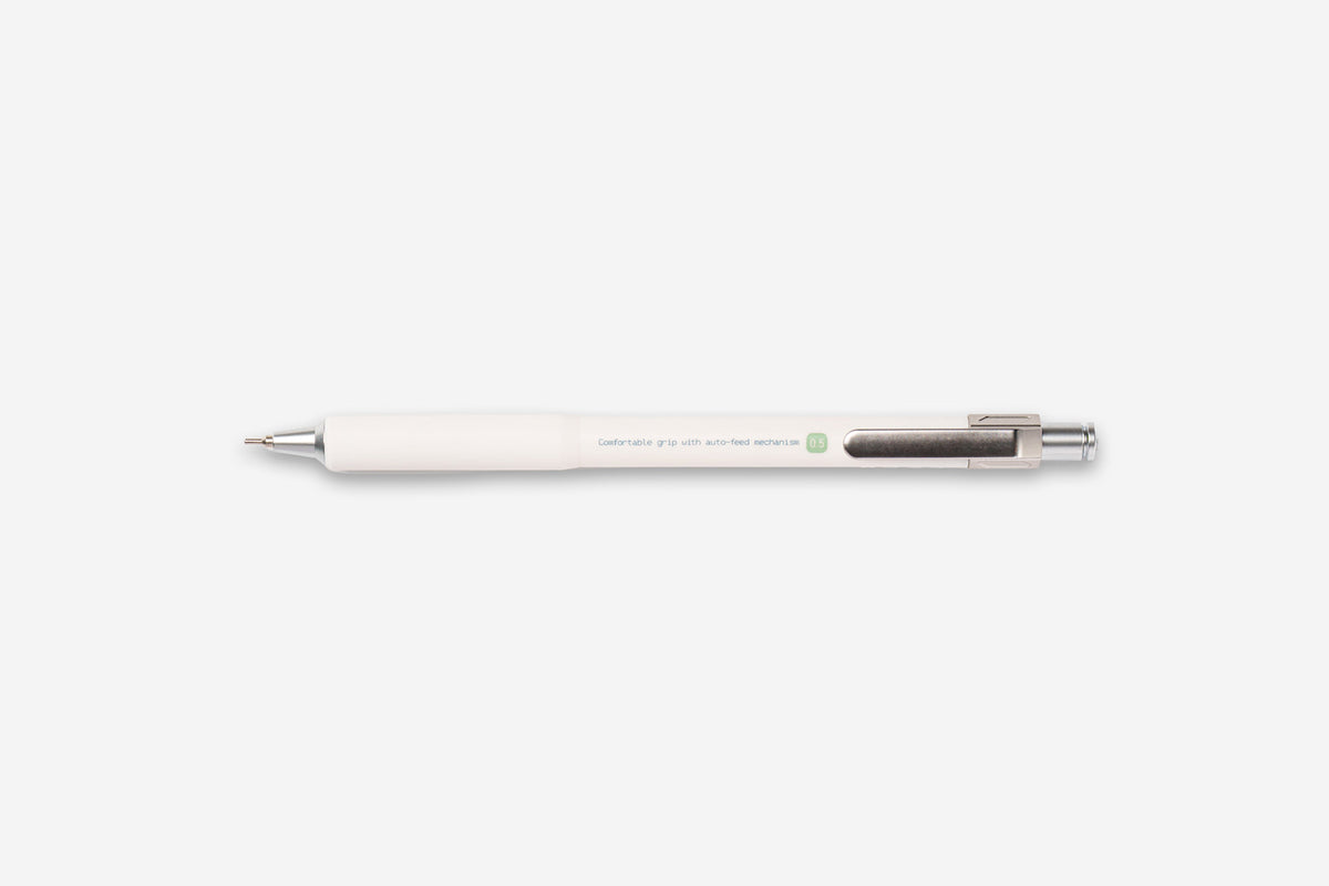 A white and silver retractable pen with a small green square logo, shown horizontally on a clean, light gray background.