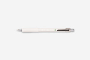 A white and silver retractable pen with a small green square logo, shown horizontally on a clean, light gray background.