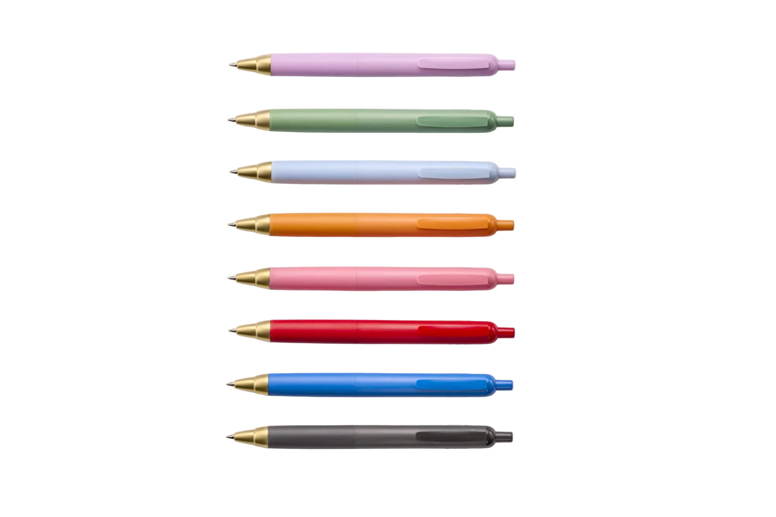 Eight retractable ballpoint pens in pastel and neutral colors are arranged vertically on a light gray background. The pen colors include lavender, mint green, pale blue, orange, pink, red, royal blue, and dark gray.